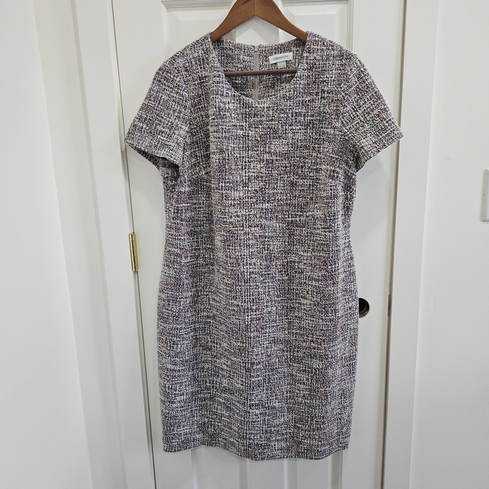 Calvin Klein Womens Multi-Color Tweed Short Sleeve Shift Dress Size 16 Business